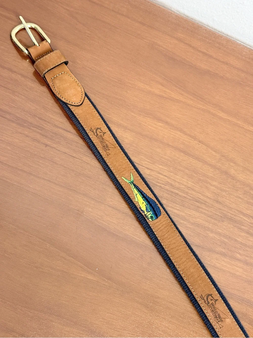 World Wide Sportsman Navy & Brown Leather Embroidered Fish Belt 40